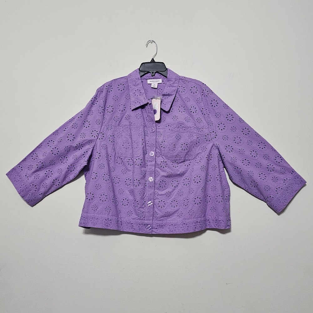 Allison Daley Woman Top Blouse Plus 3X‎ Purple Button Up 100% Cotton Lace 779